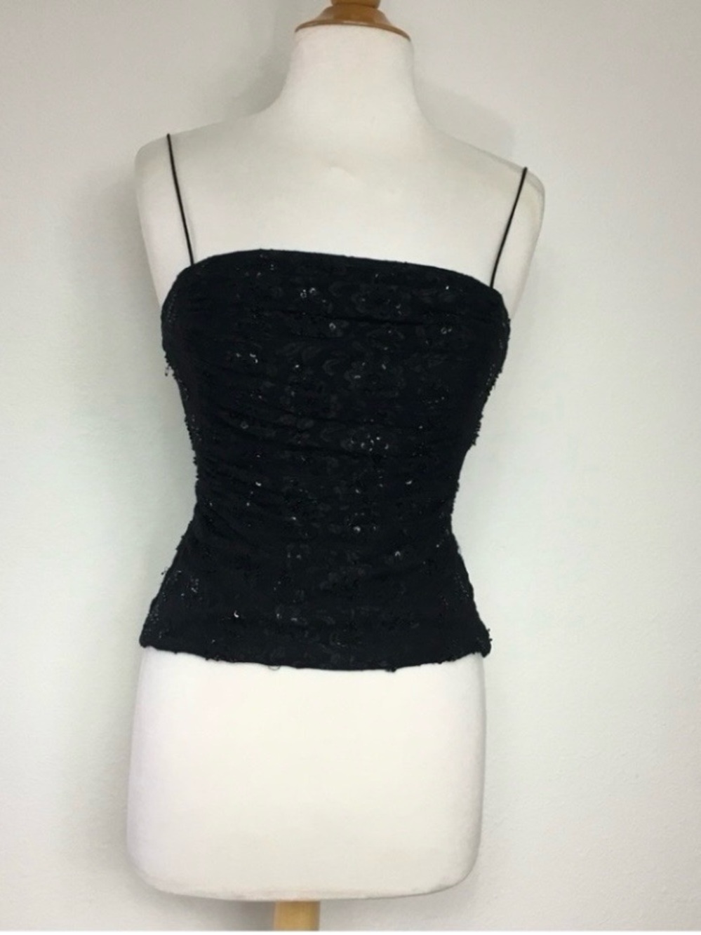 Vintage 90’s JS Boutique Black Beaded Lace Ruche Camisole Corset Top Size Small